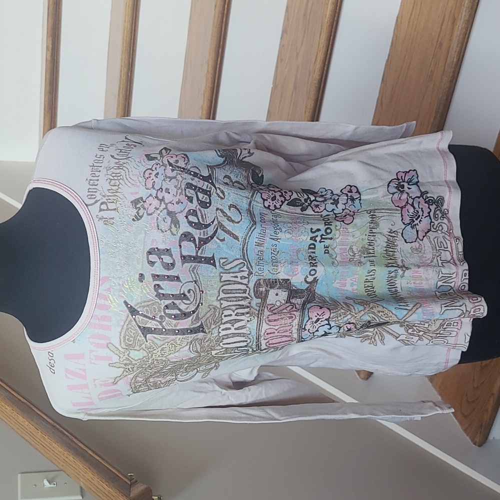 VINTAGE LONG SLEEVE TEE SHIRT BEIGE/BROWN/PINK.  SIZE 1X